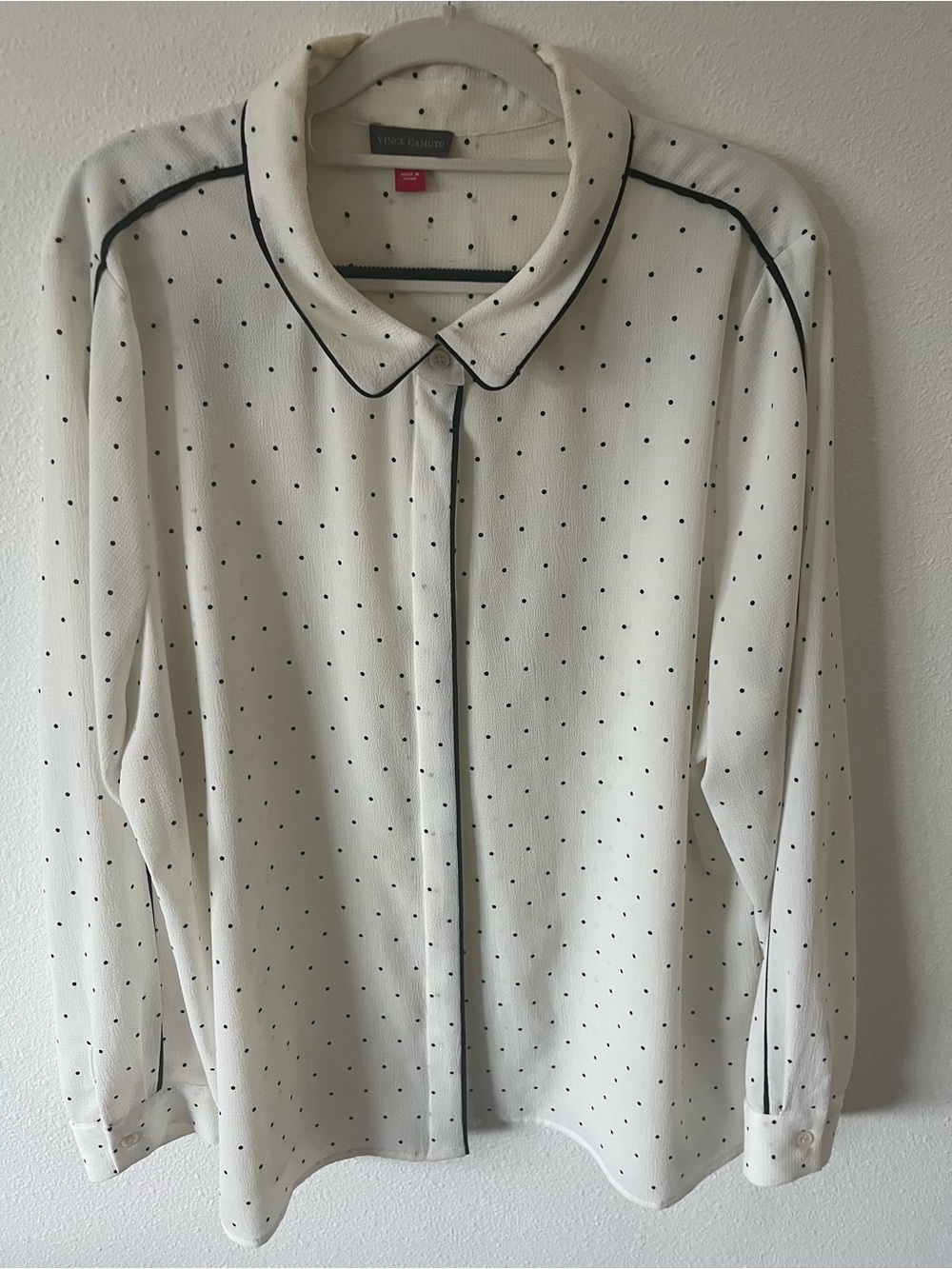 Vince Camuto White Polka Dot Button-Front Blouse with Black Trim